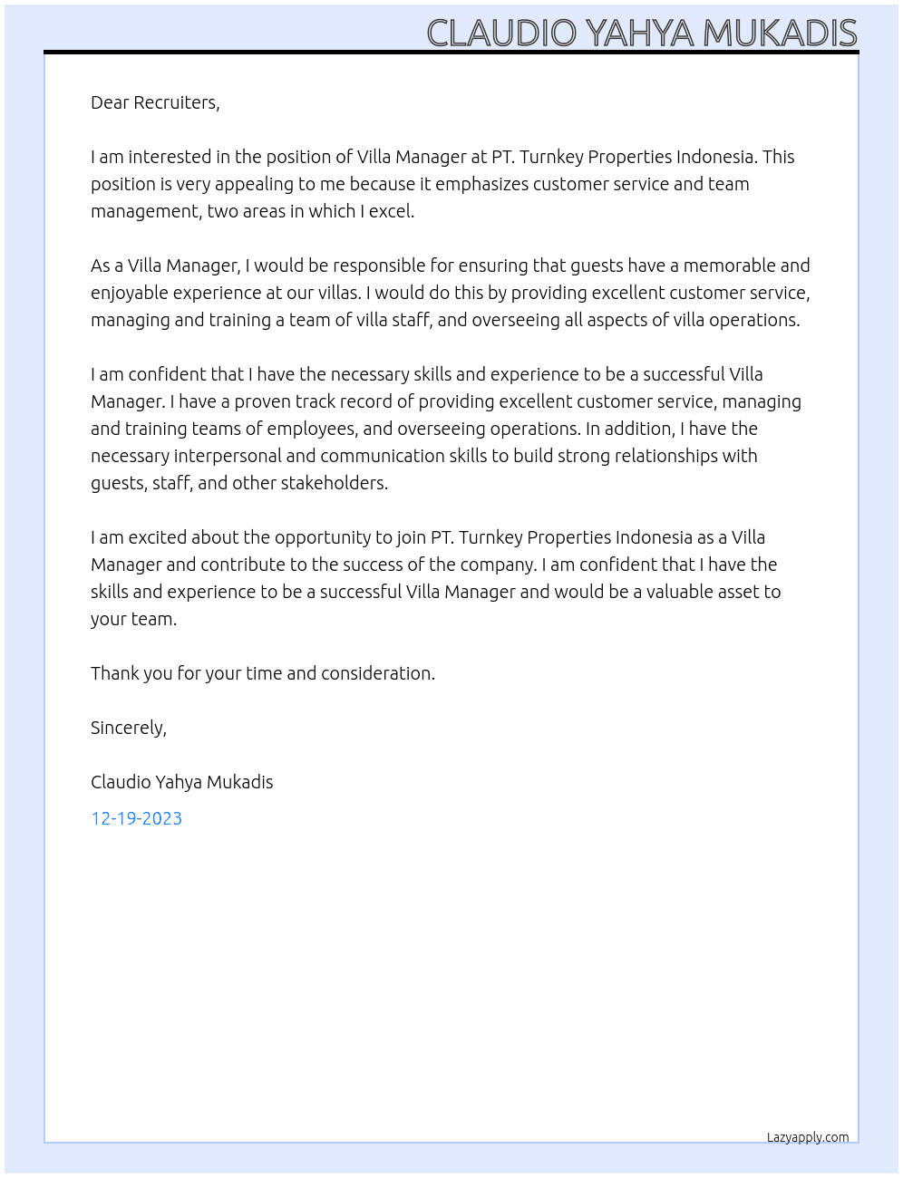 Villa Manager  At PT. Turnkey Properties Indonesia Cover Letter