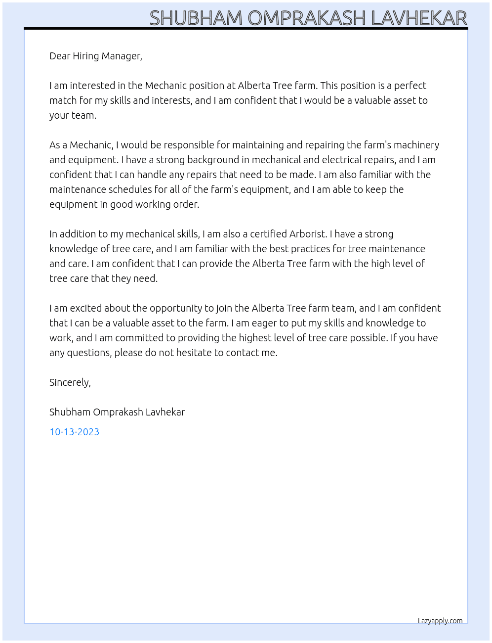  Mechanic  At Alberta Tree farm Cover Letter
