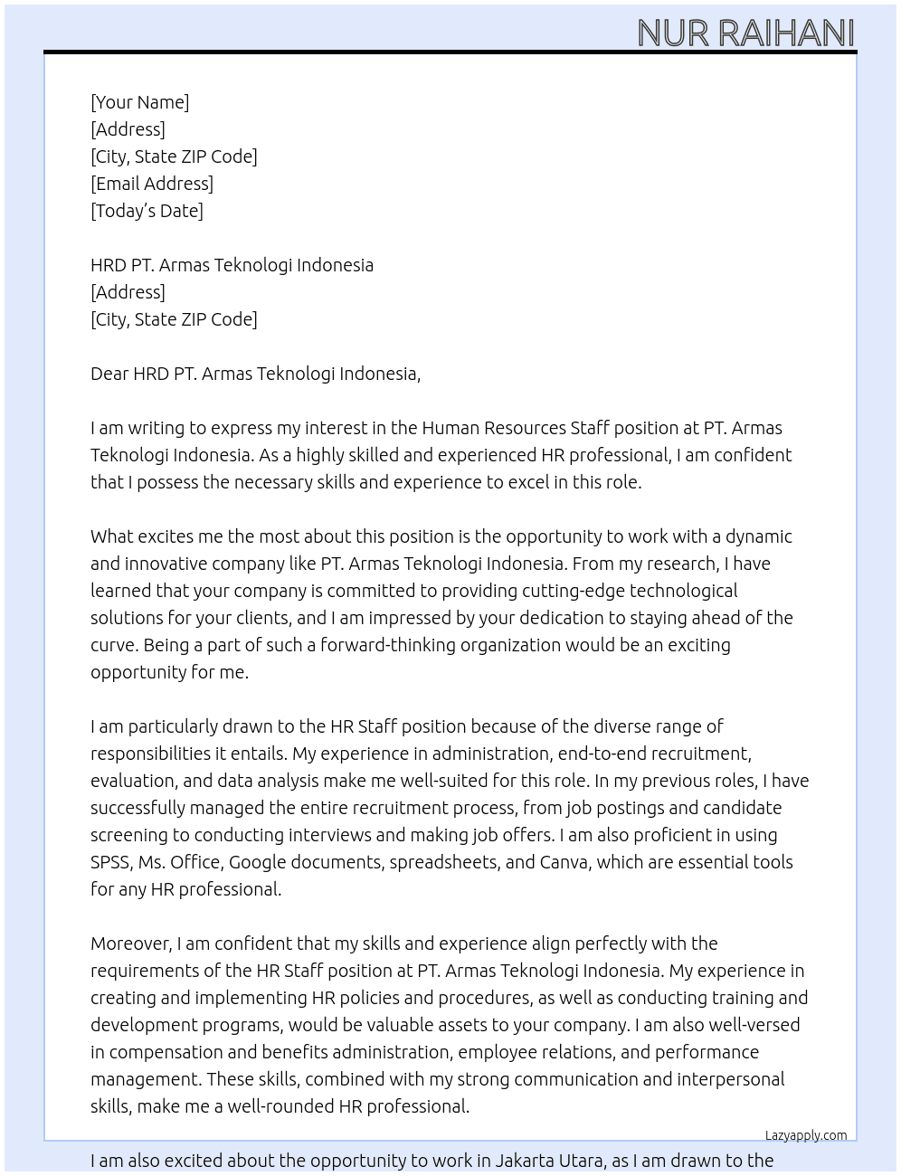 Human Resources Staff At PT. Armas Teknologi Indonesia  Cover Letter