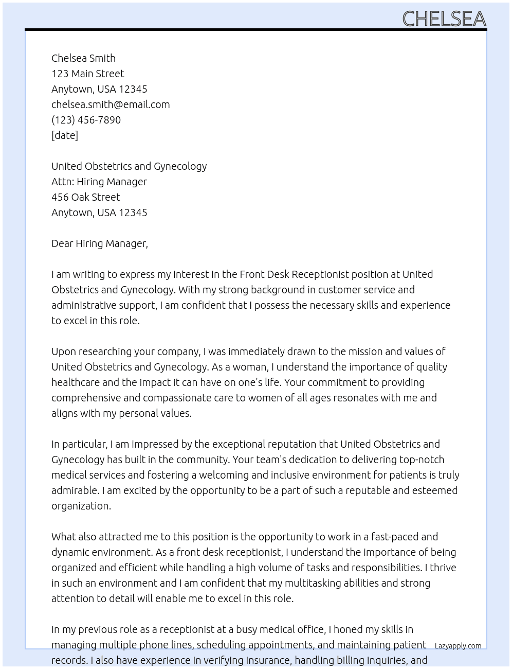 Front Desk Receptionist At United Obstetrics and Gynecology Cover Letter