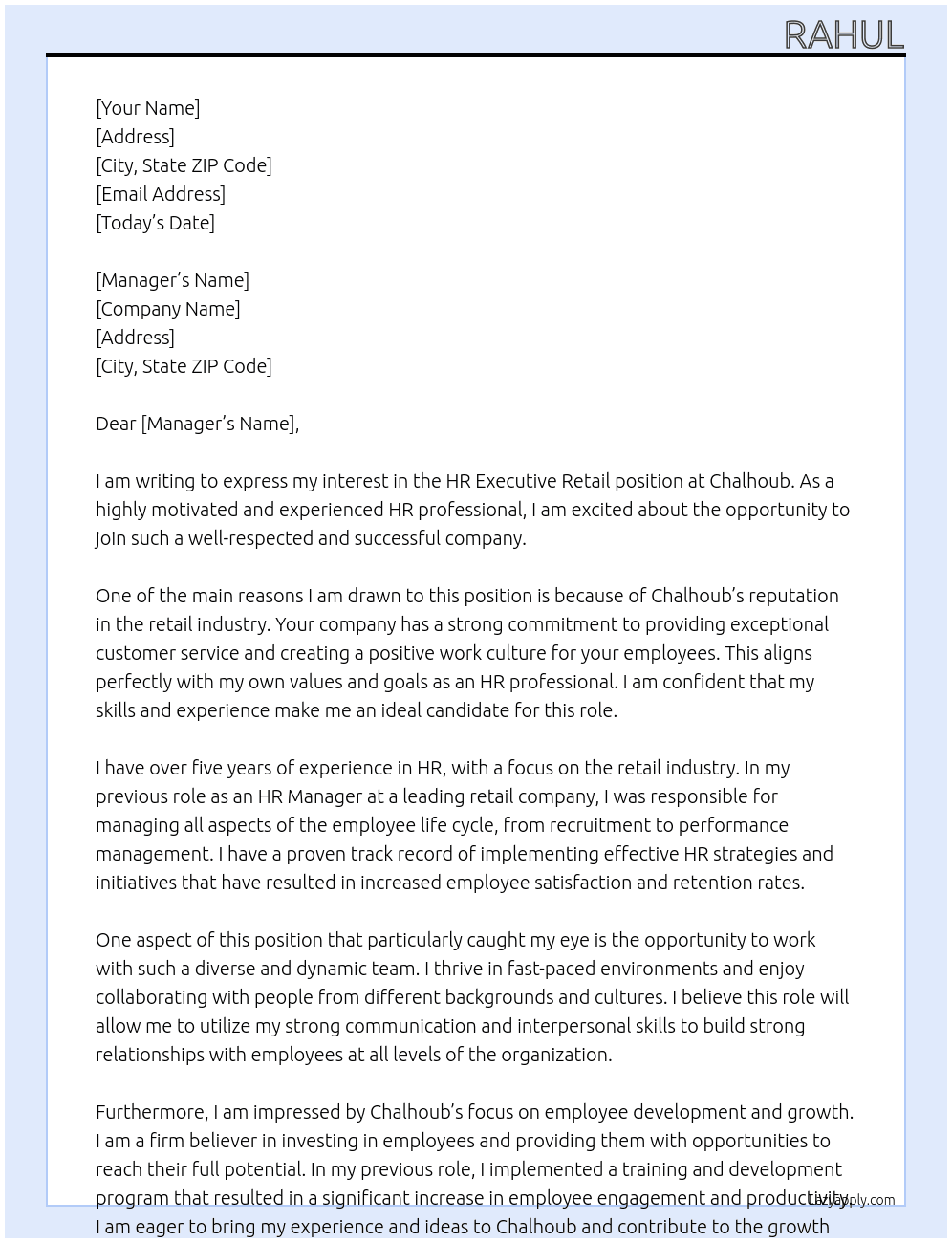 HR executive retail At Chalhoub Cover Letter