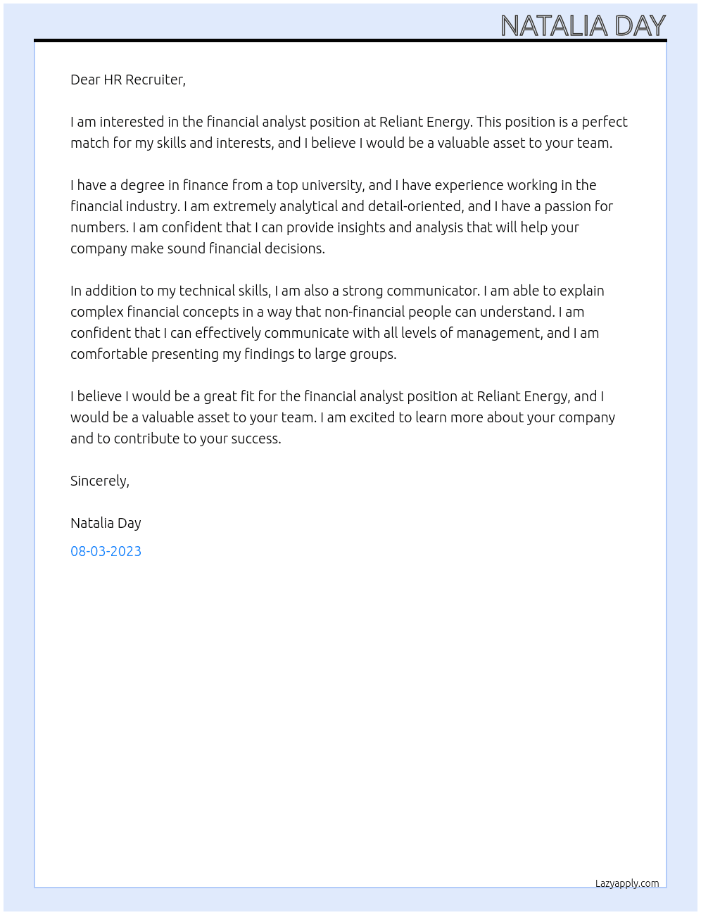 Financial Analyst At Reliant Energy  Cover Letter