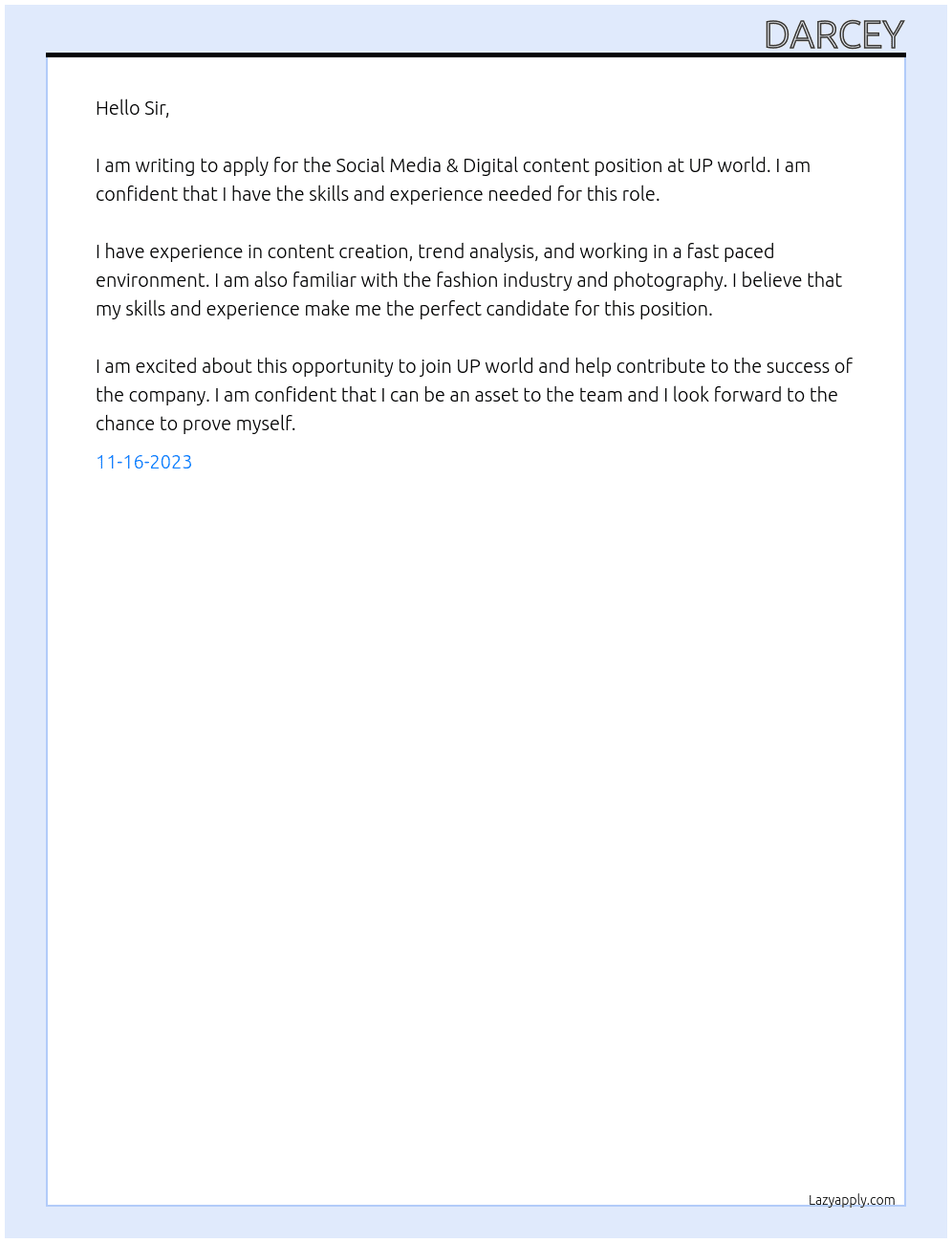 Social Media & Digital content At UP world  Cover Letter