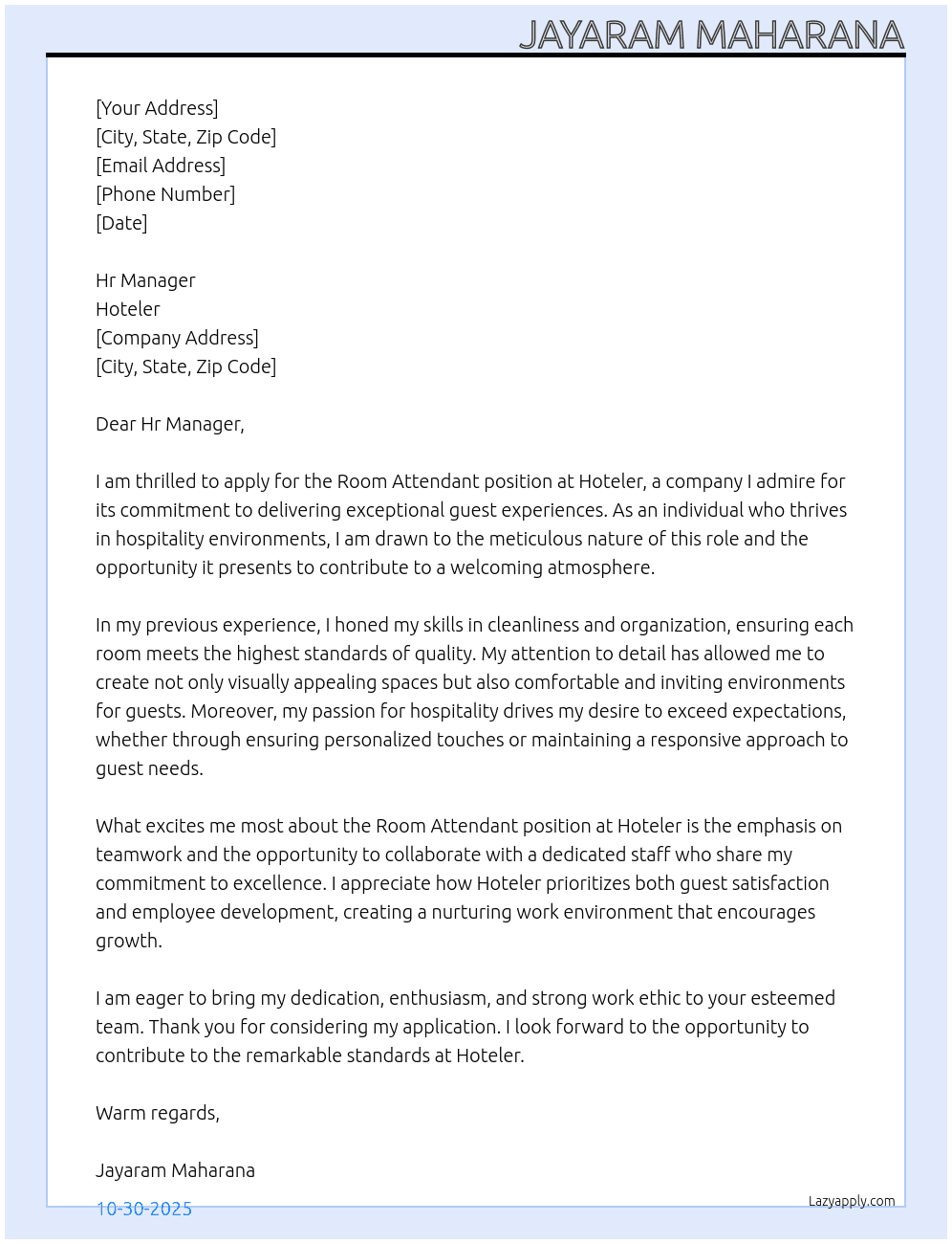 Room attendant  At Hoteler Cover Letter