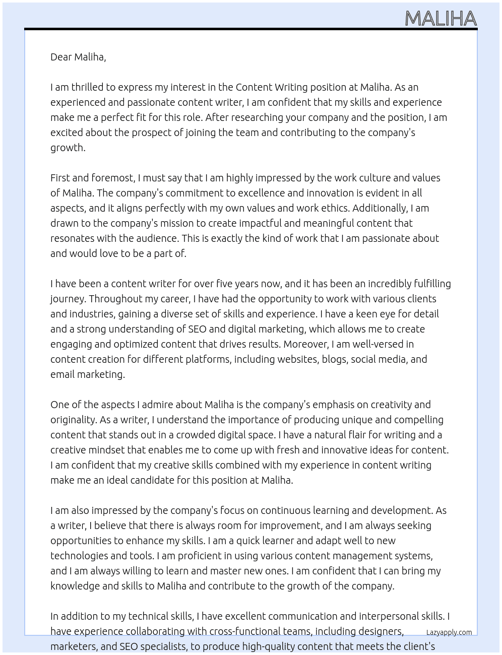 Content Writing At Maliha Cover Letter