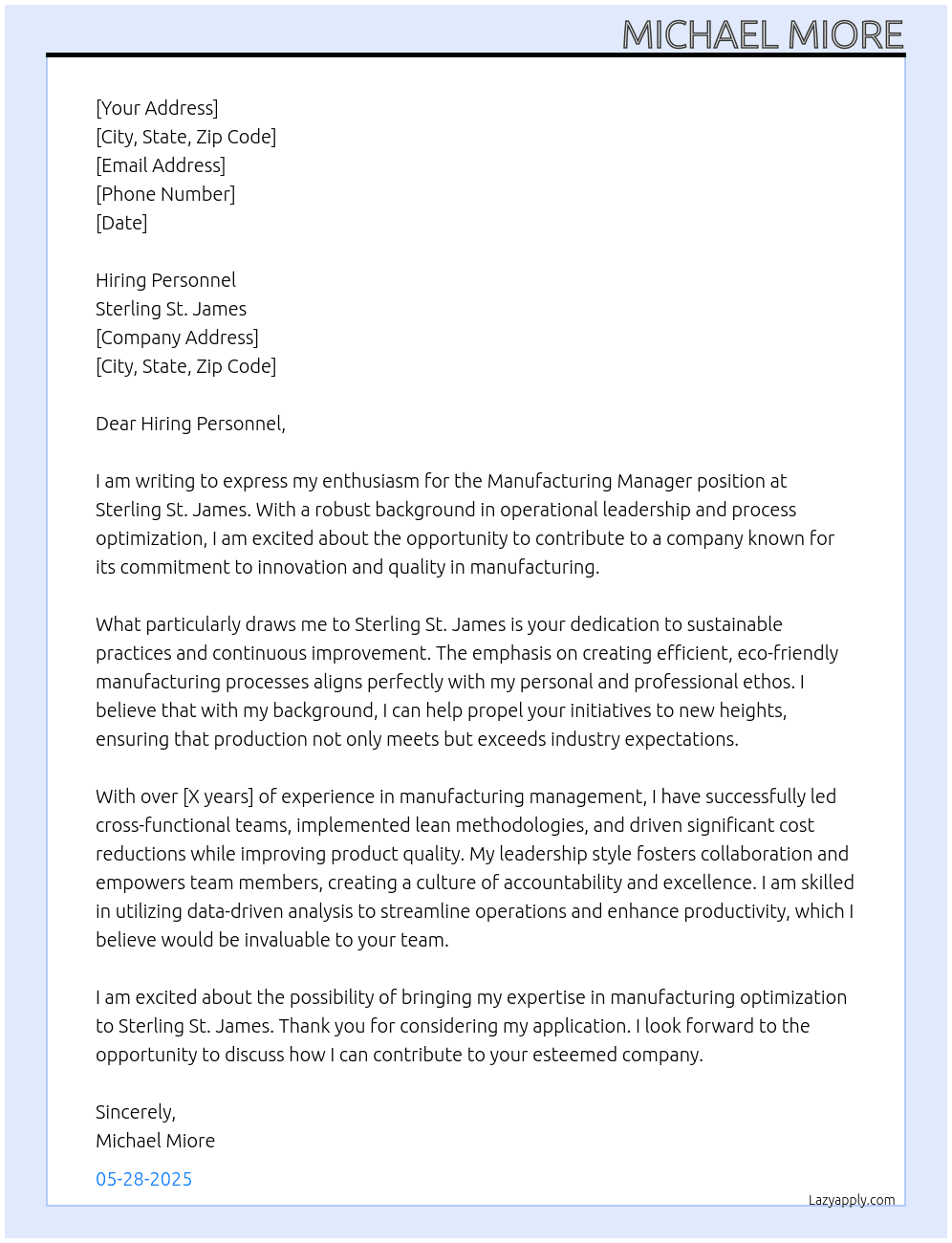 Manufacturing manager At Sterling St.James Cover Letter