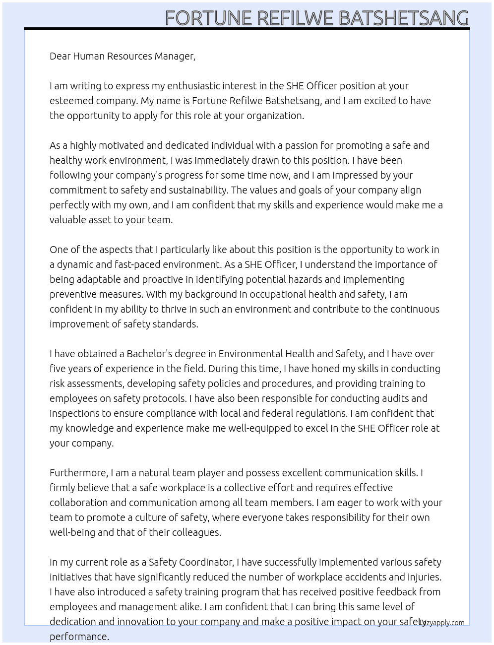 SHE OFFICER At NONE Cover Letter