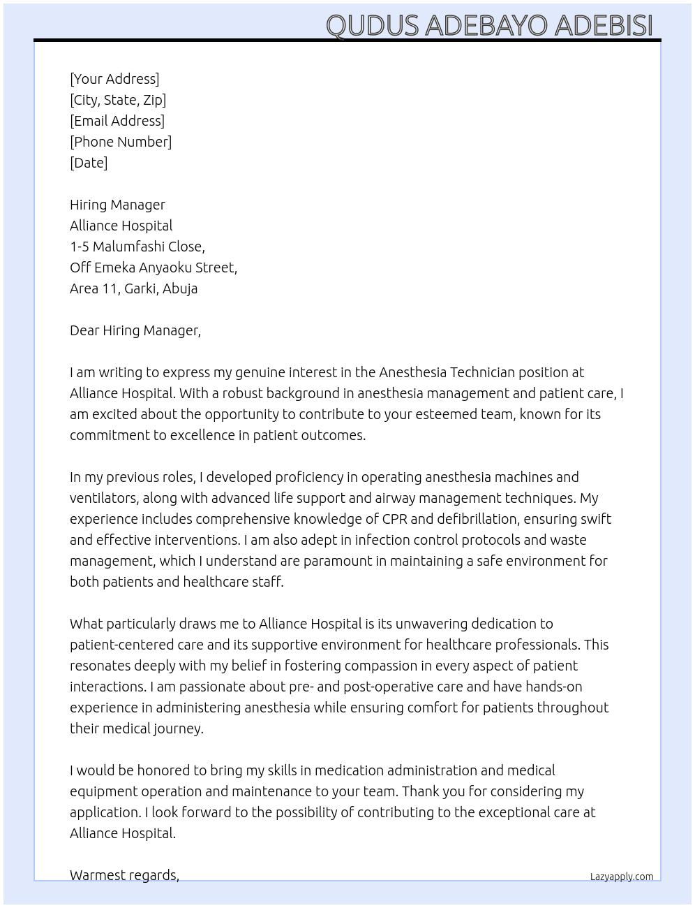Anesthesia Technician  At Alliance Hospital  Cover Letter