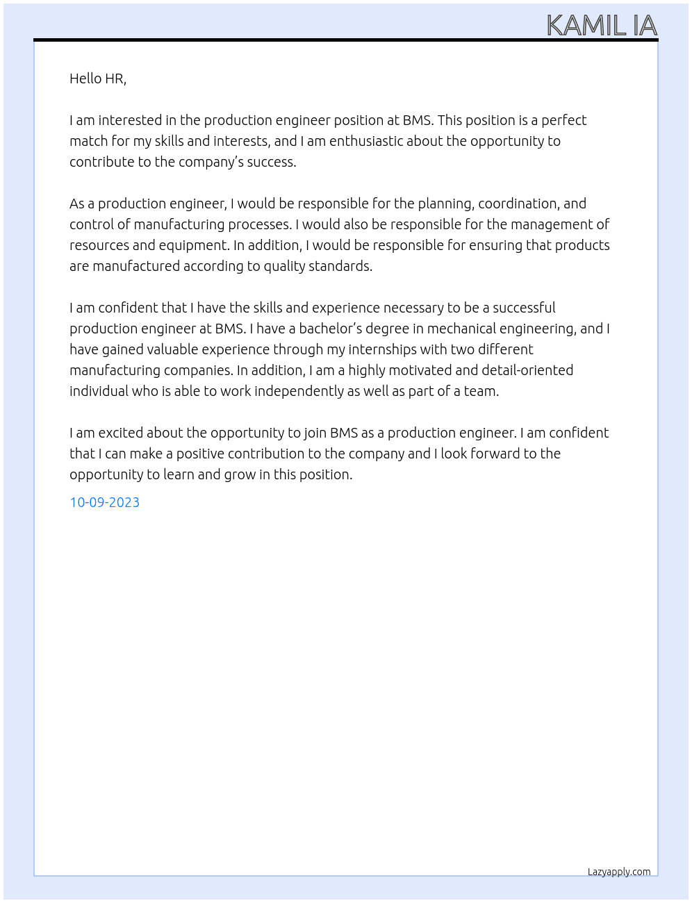 Production engineer At BMS Cover Letter