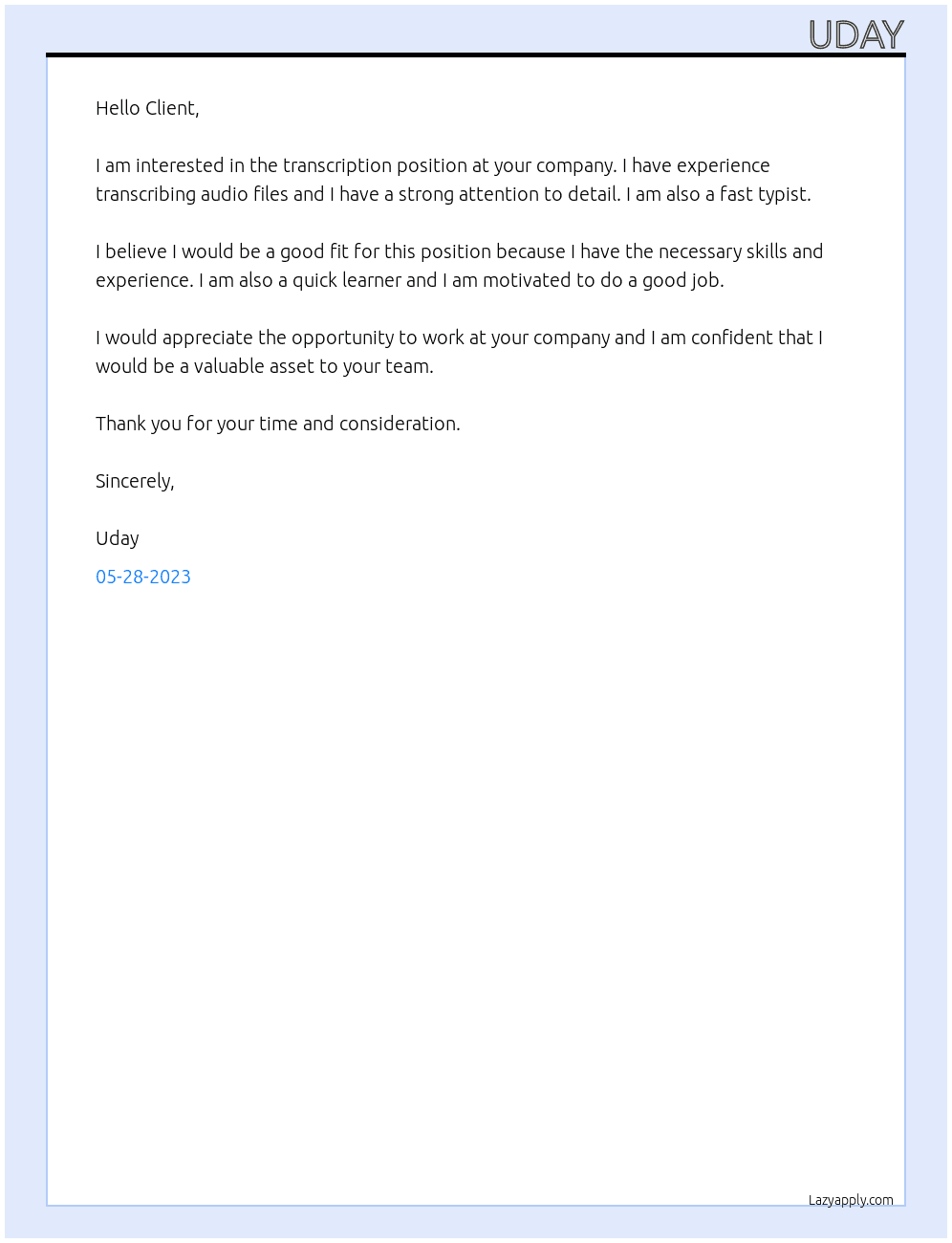 Transcription At Client Cover Letter