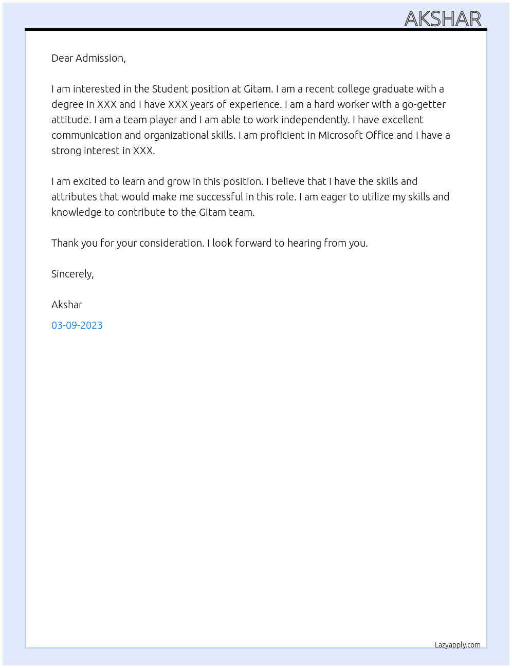 Student At Gitam Cover Letter