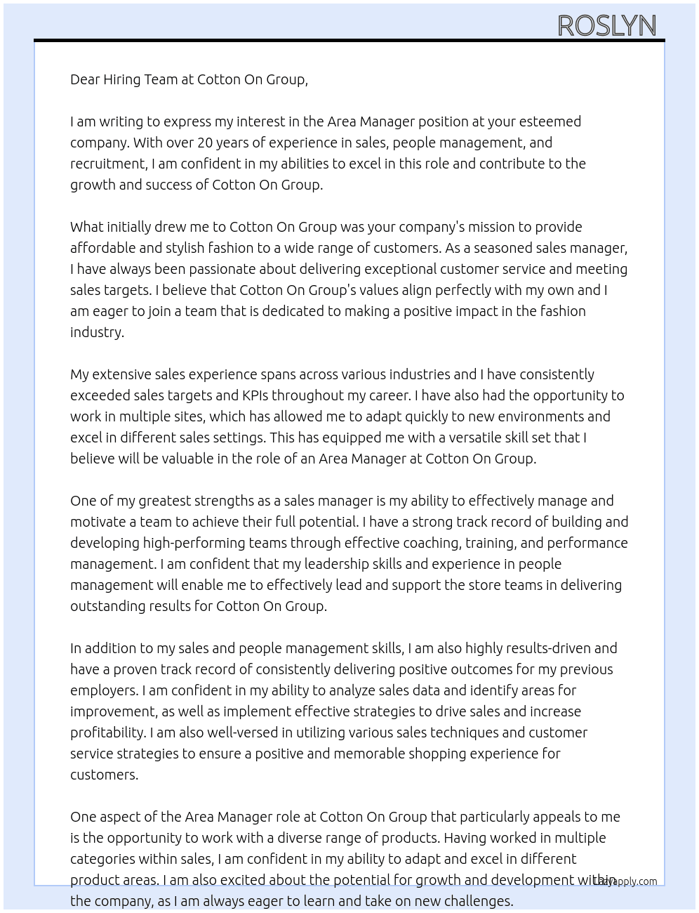Area Manager  At Cotton on group Cover Letter