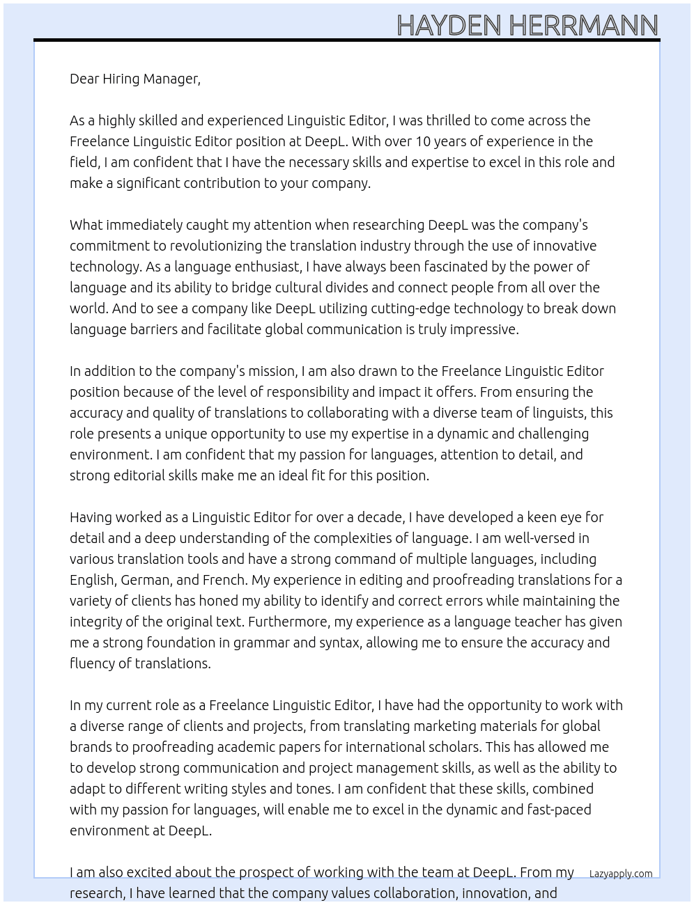 Freelance Linguistic Editor At DeepL Cover Letter