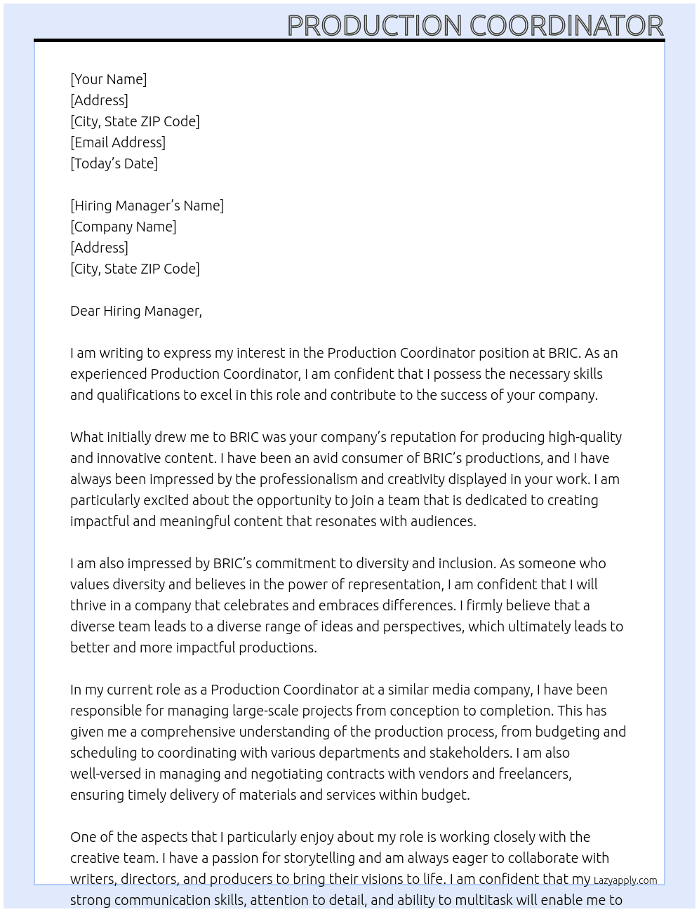 Production Coordinator At BRIC Cover Letter