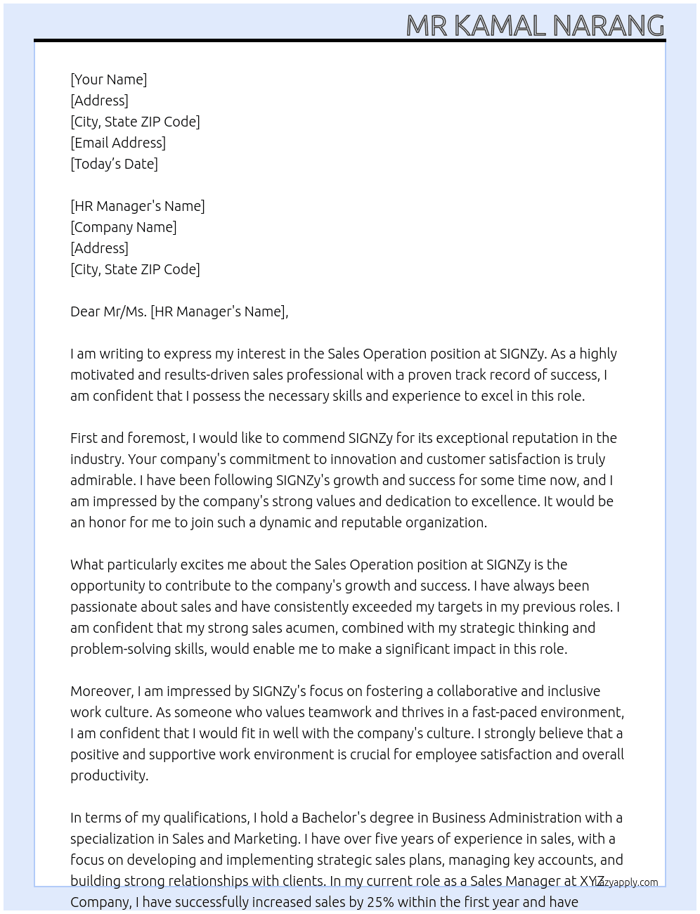 Sales  operation At SIGNZy Cover Letter