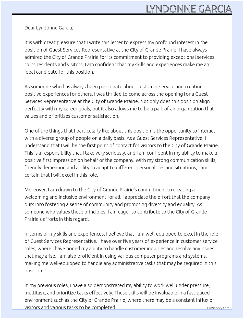 Guest Services Representative At City of Grande Prairie Cover Letter