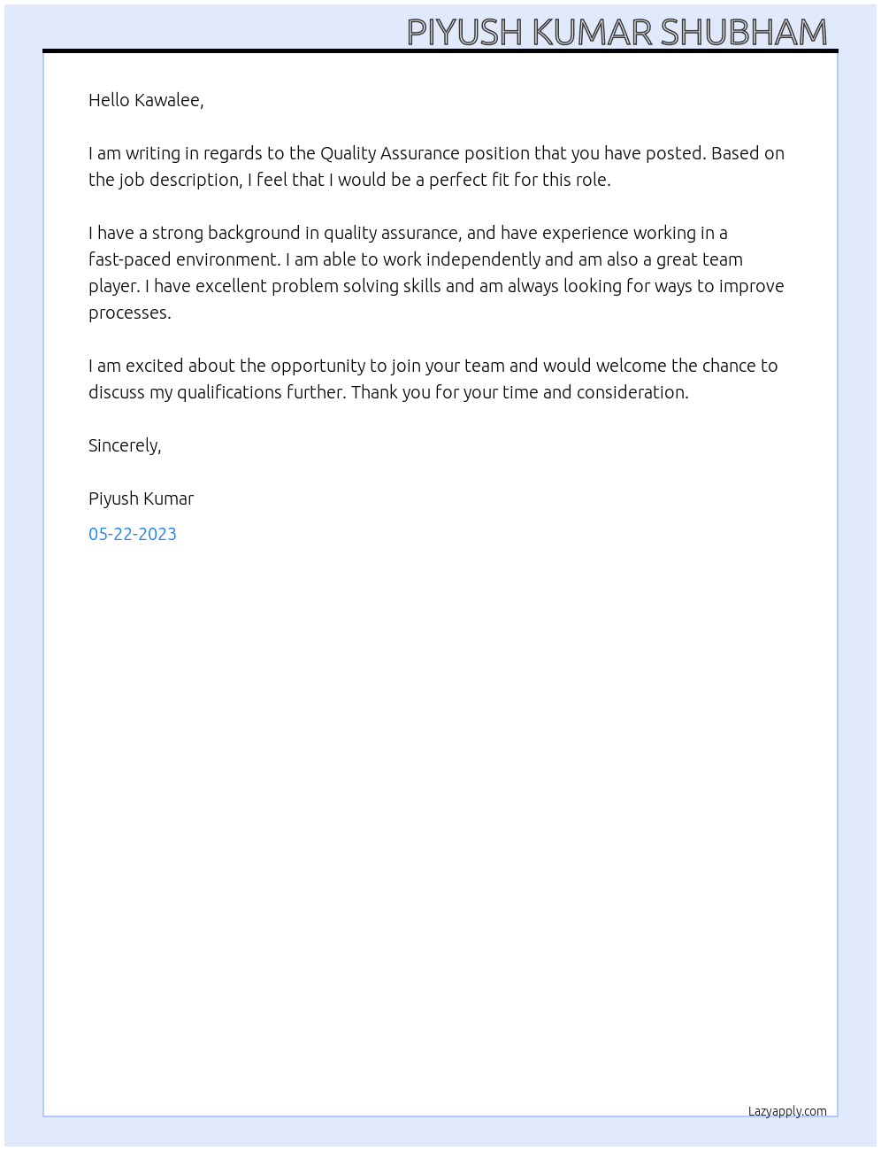 QA At Kawalee Cover Letter