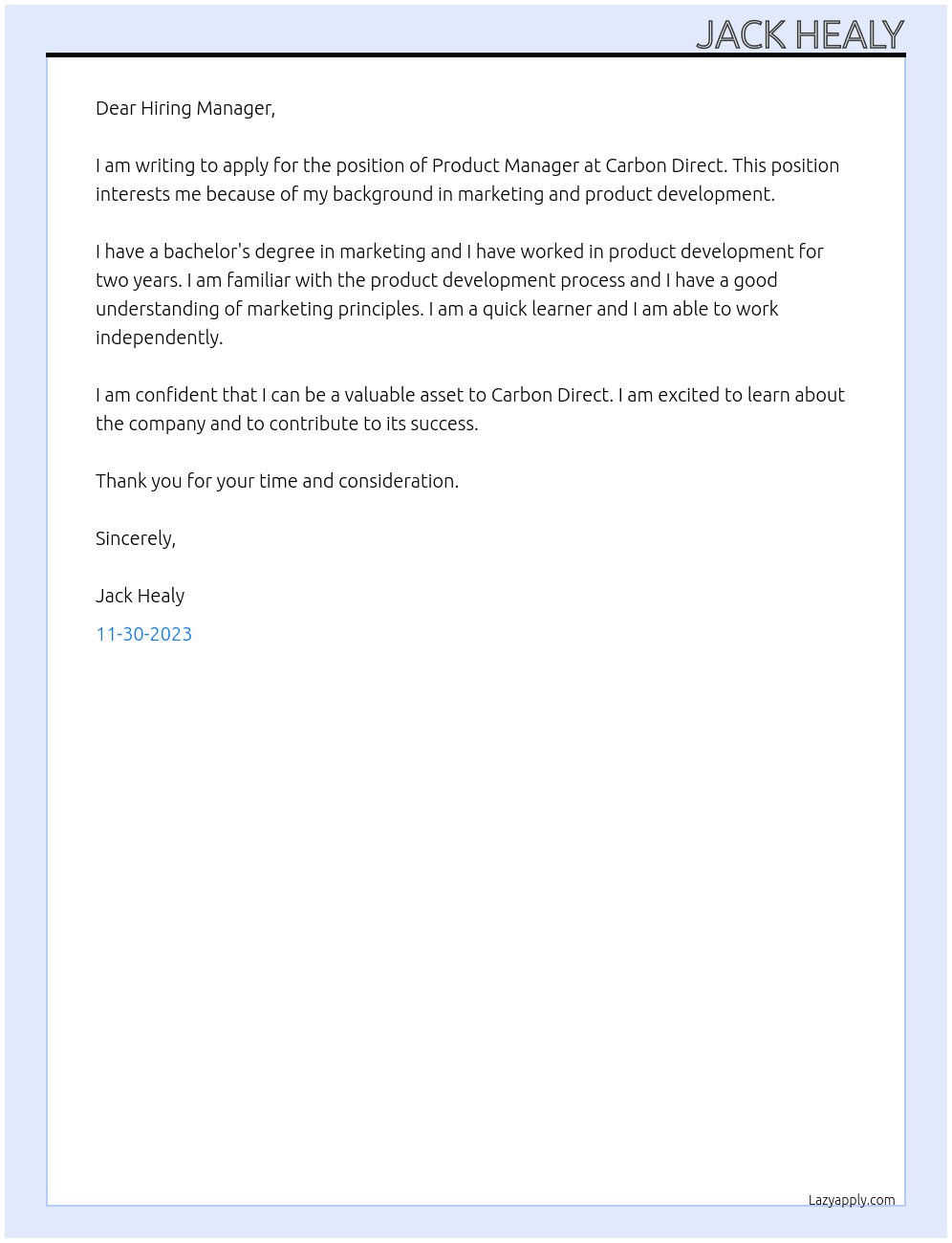Porduct Manager At Carbon Direct Cover Letter