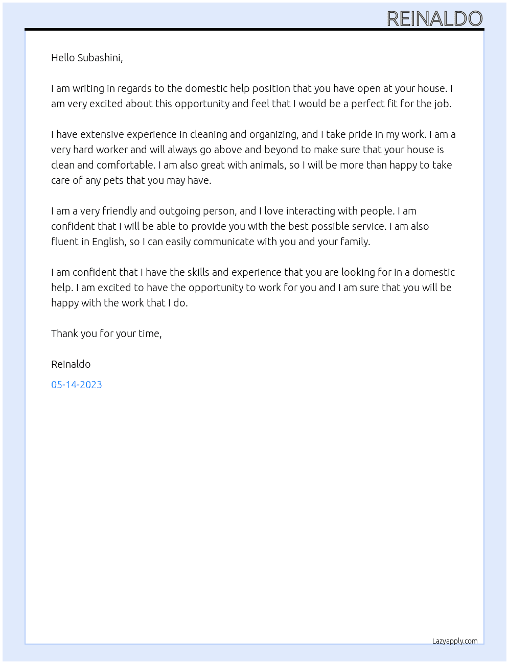 Domestic Help At Subashini's House Cover Letter