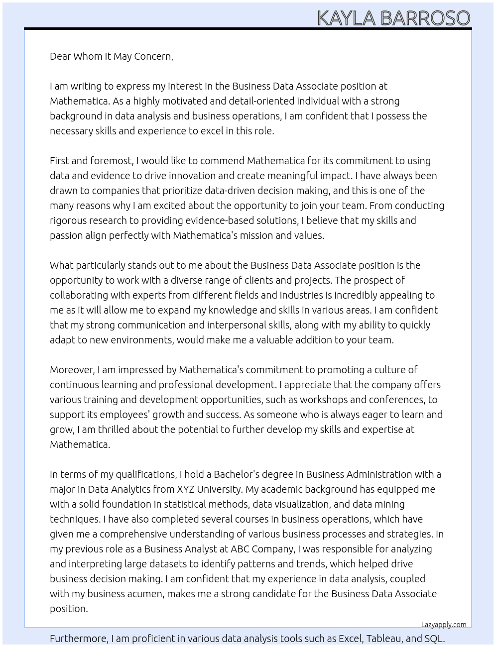 Business Data Associate At Mathematica Cover Letter