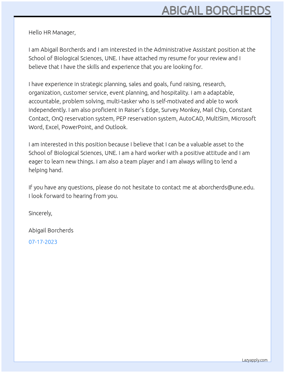 Administrative Assistant At School of Biological Sciences, UNE Cover Letter