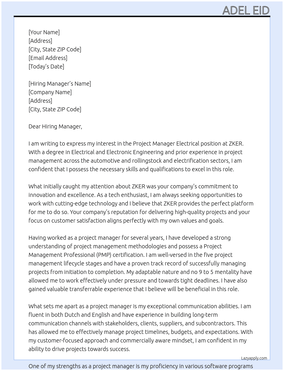 Project Manager Electrical At ZKER Cover Letter