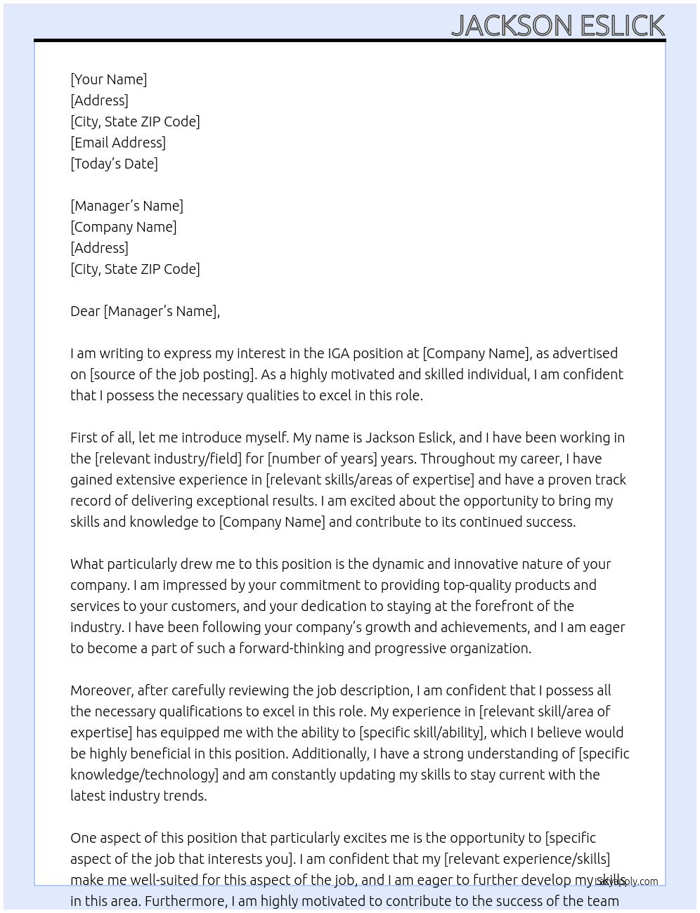 IGA At Jackson eslick Cover Letter