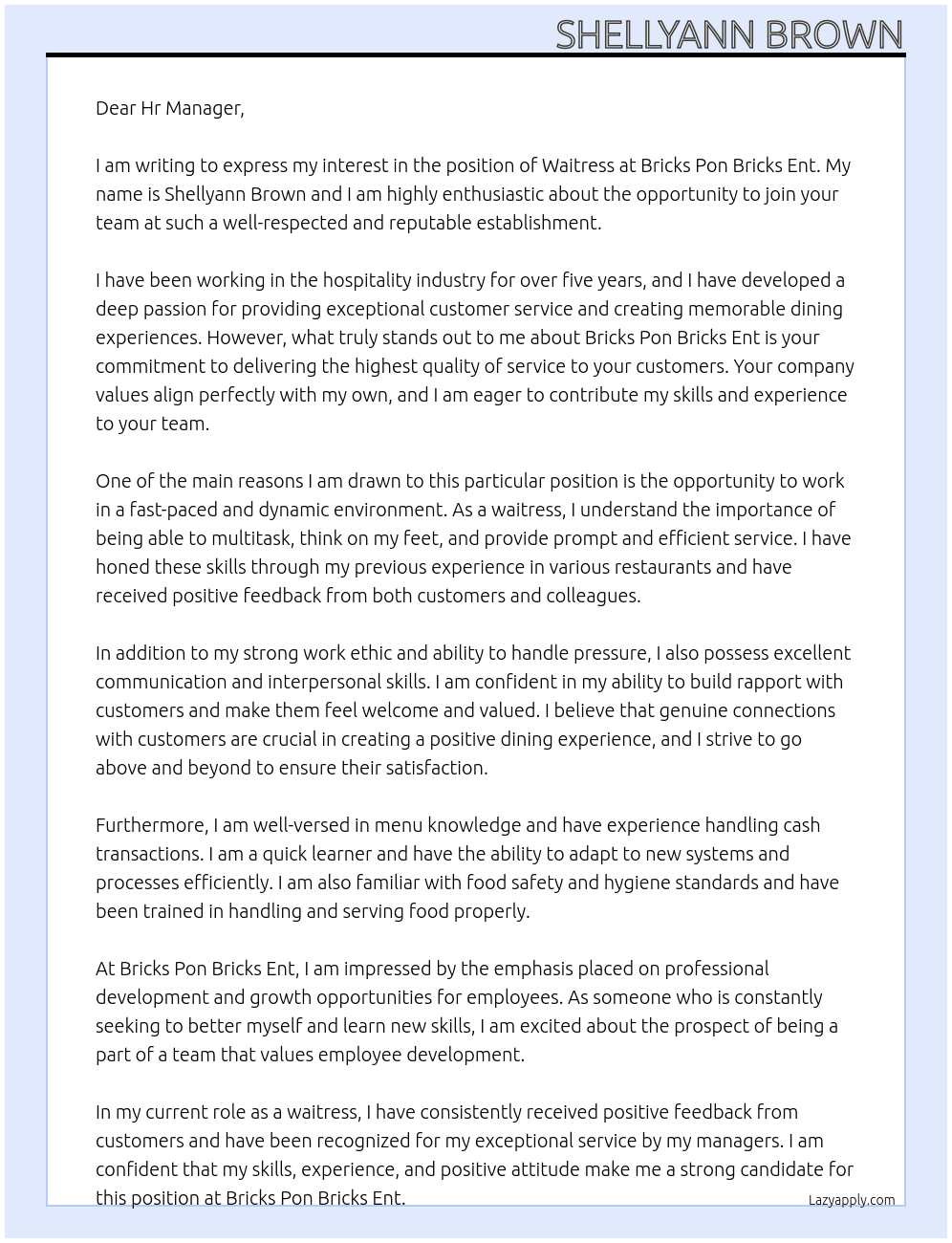 Waitresses At Bricks Pon Bricks Ent Cover Letter