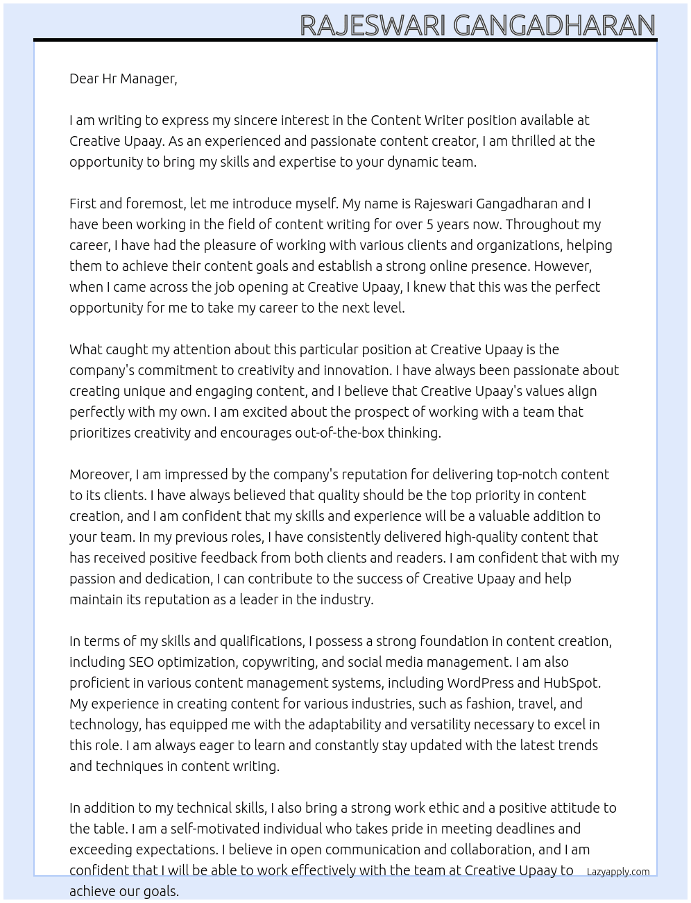 Content writer At Creative Upaay Cover Letter