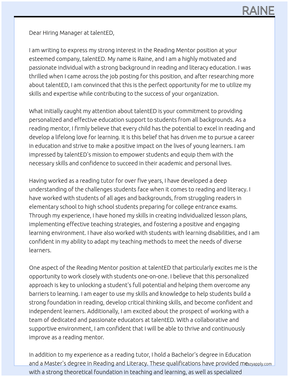 Reading Mentor At talentED Cover Letter