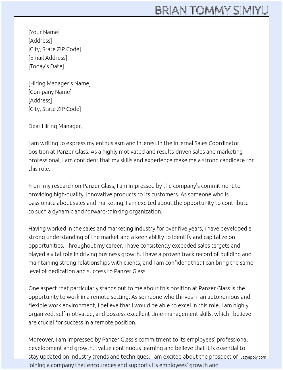 Internal Sales Coordinator At Panzer Glass Cover Letter