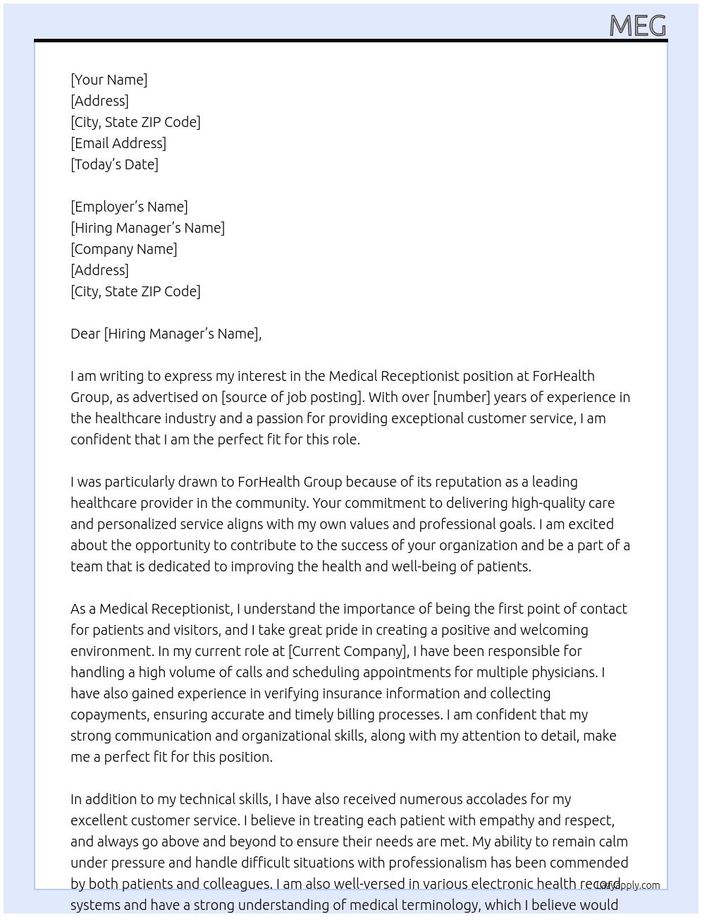 Medical Receptionist At ForHealth Group Cover Letter