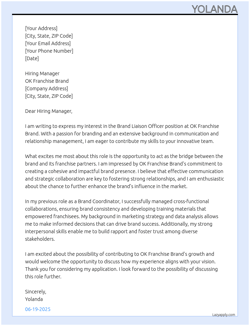 Brand Liaison Officer  At OK Franchise Brand Cover Letter