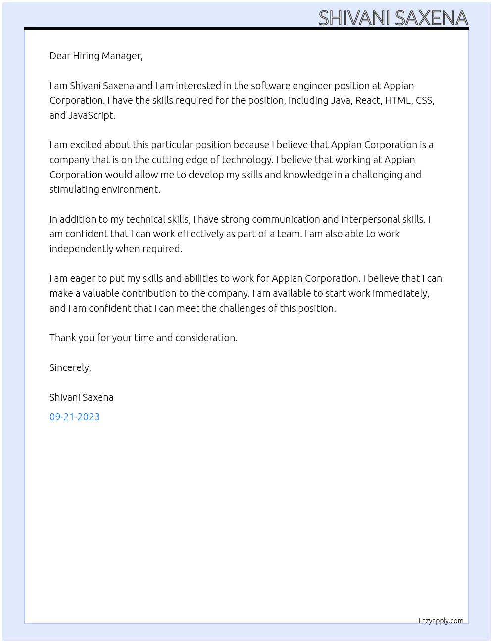 software engineer At appian corporation Cover Letter