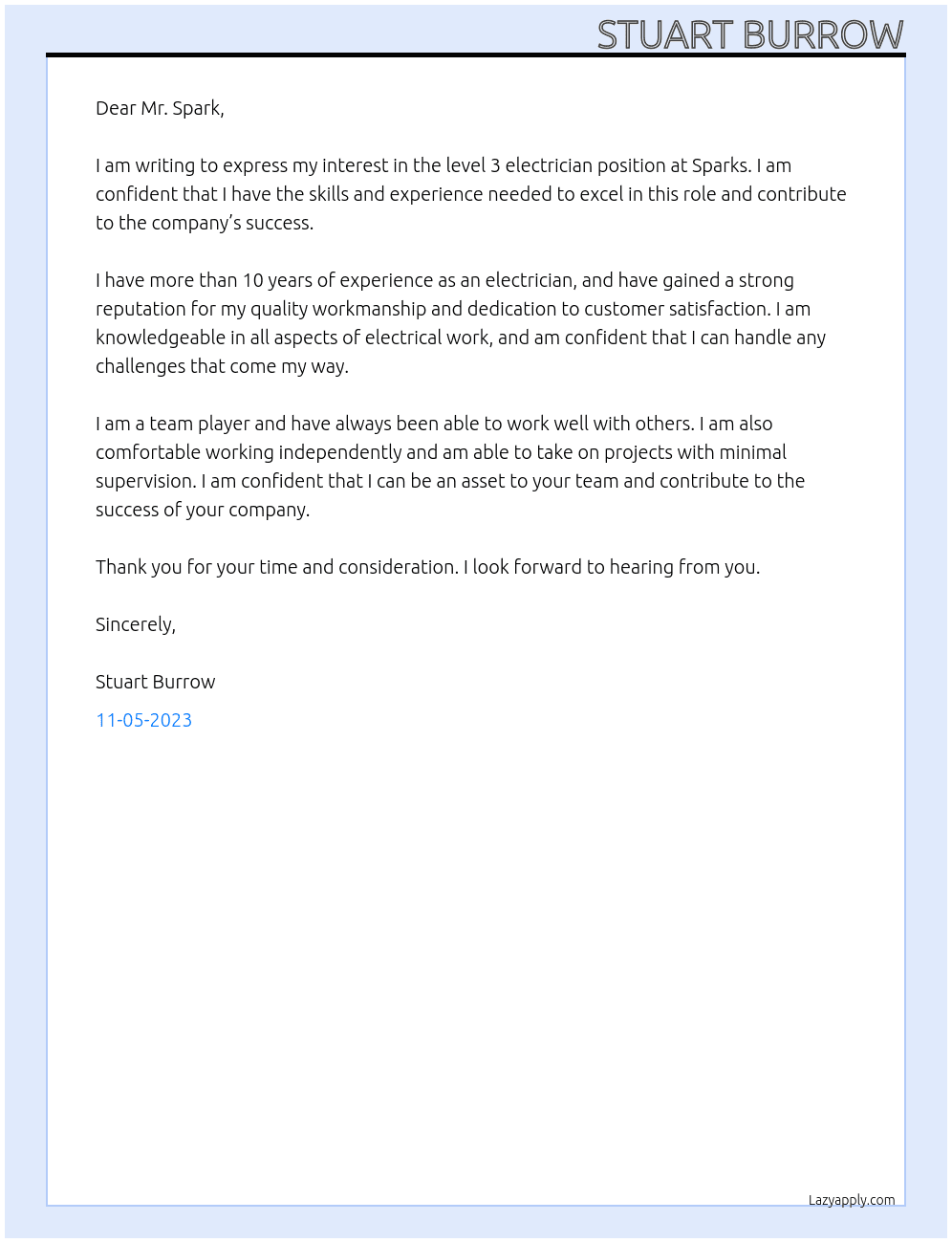 level 3 electrian At Sparks Cover Letter