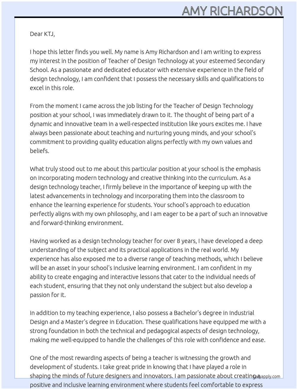 Teacher of Design Technology At Secondary school Cover Letter