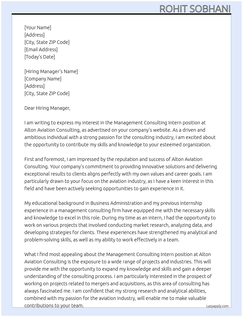 Management consulting intern At Alton Aviation Consulting Cover Letter