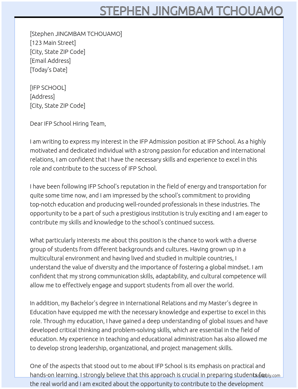 IFP admission At IFP SCHOOL Cover Letter