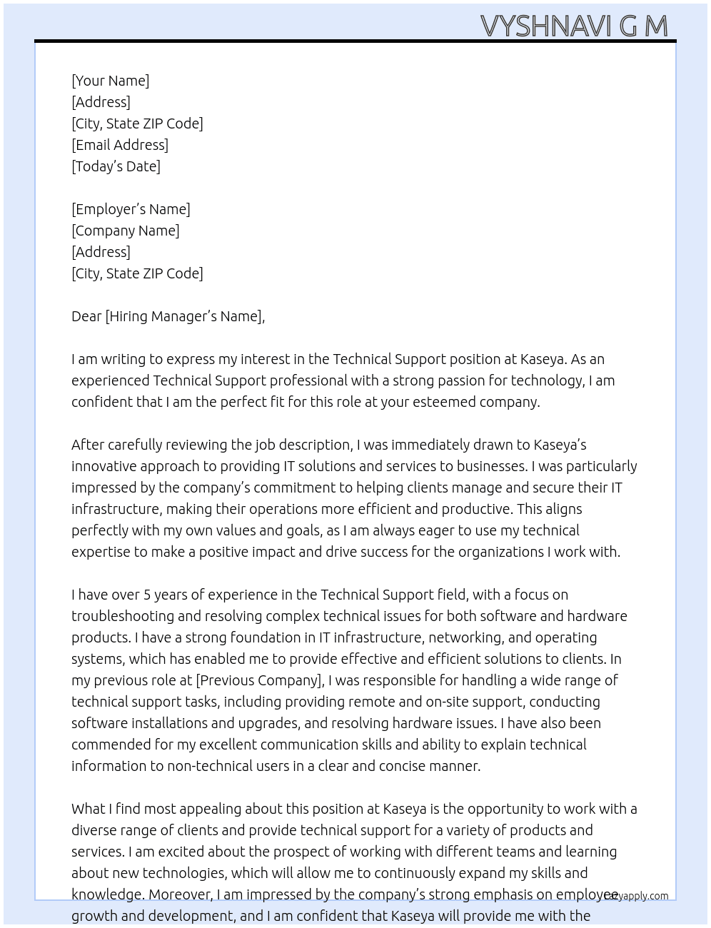 Technical support  At Kaseya Cover Letter