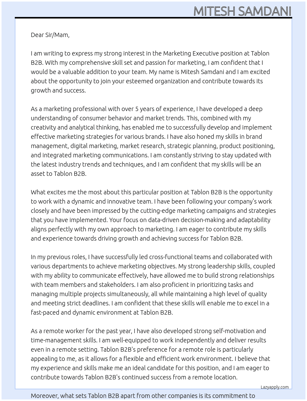 Marketing Executive At Tablon B2B Cover Letter