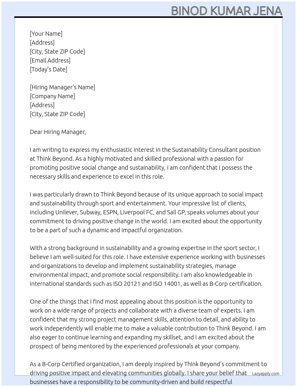 Sustainability consultant At Think beyond Cover Letter