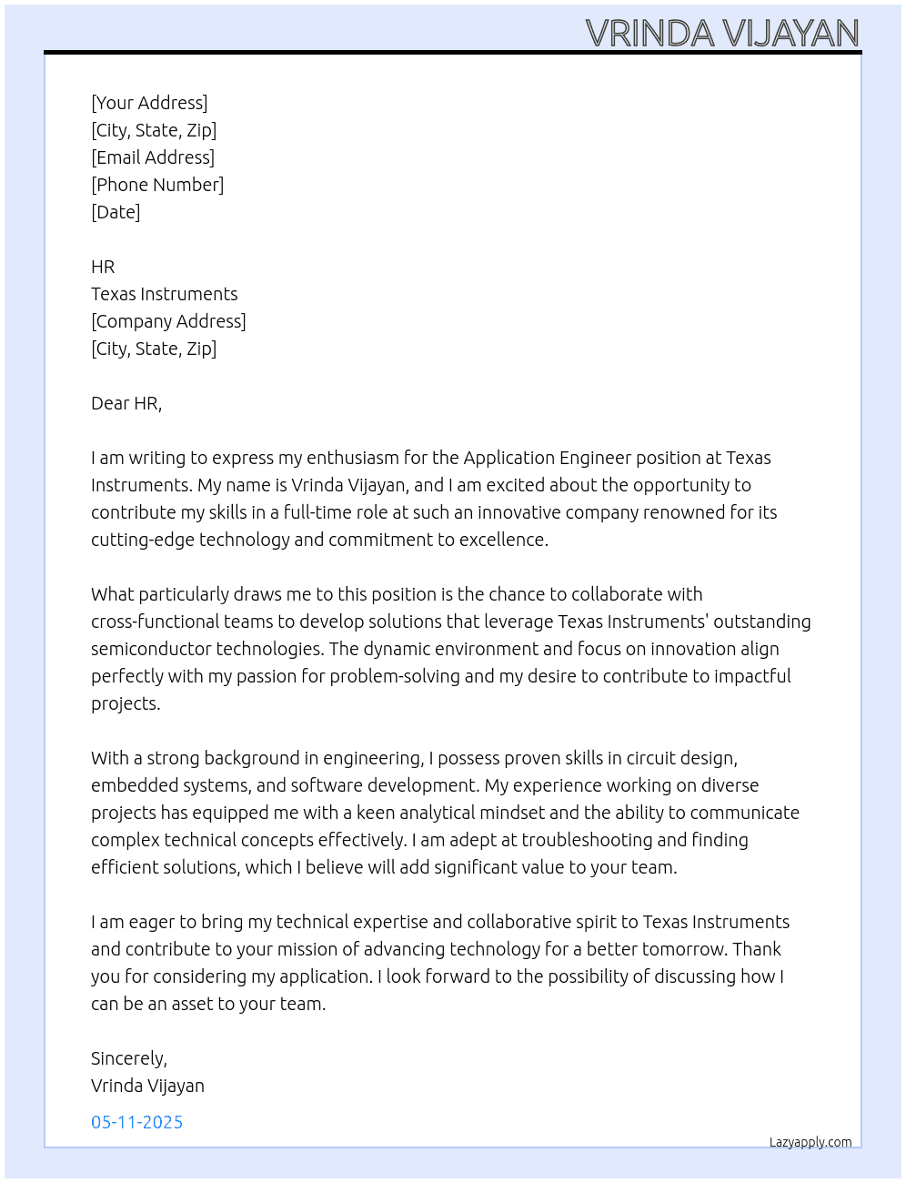 Application engineer At Texas Instruments Cover Letter