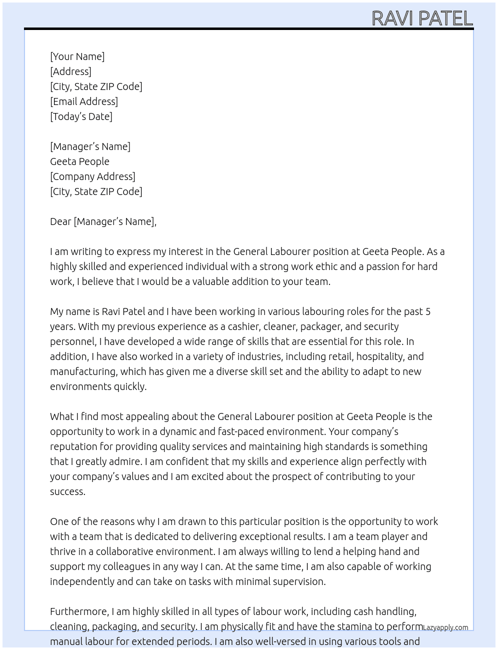 General labourer  At Geeta People Cover Letter