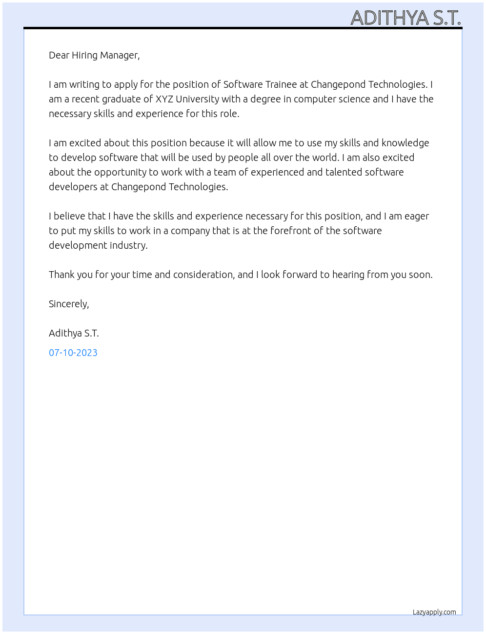 Software Trainee At Changepond Technologies Cover Letter