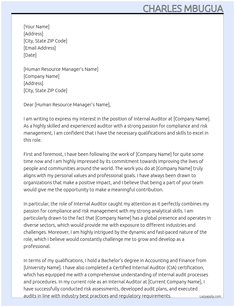 internal auditor At iom Cover Letter