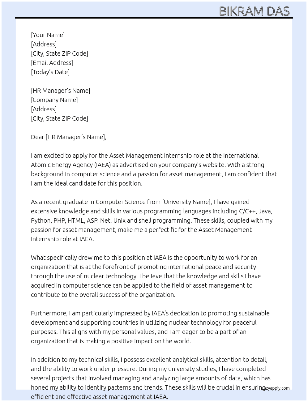 Asset management  At International atomic energy agency  Cover Letter