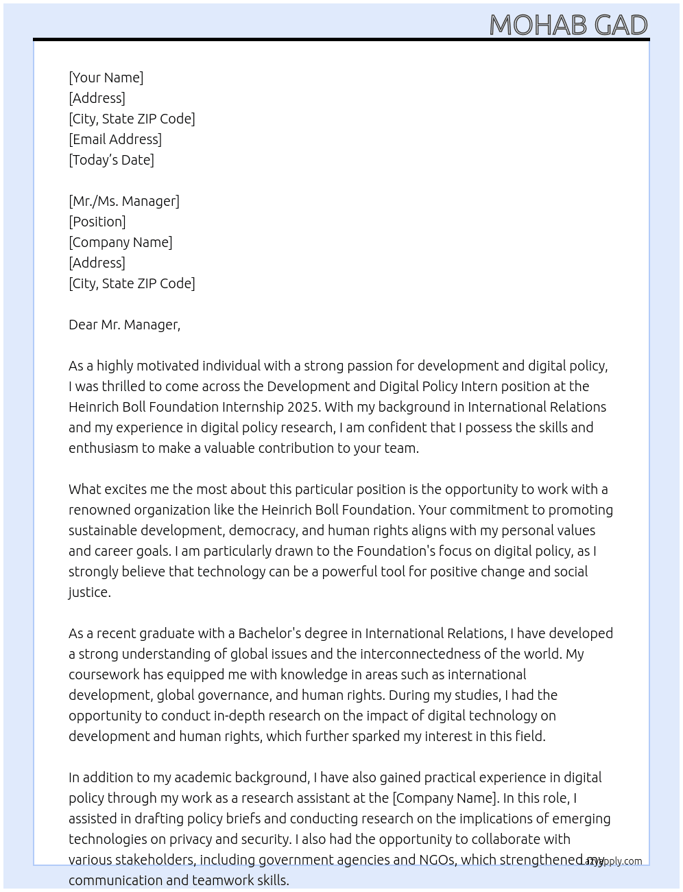Development and Digital Policy Intern At the Heinrich Boll Foundation Internship 2025 Cover Letter