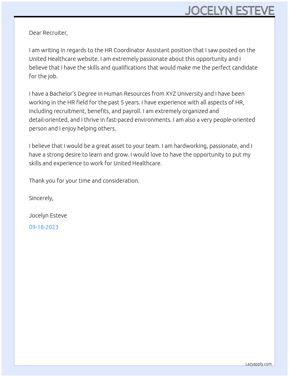 HR Coordinator Assistant At United Healthcare  Cover Letter