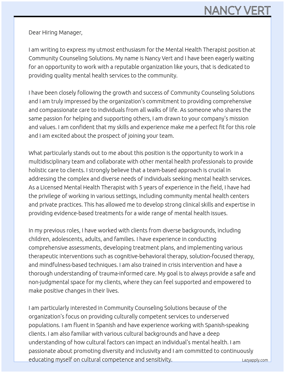 Mental Health Therapist At Community Counseling Solutions Cover Letter