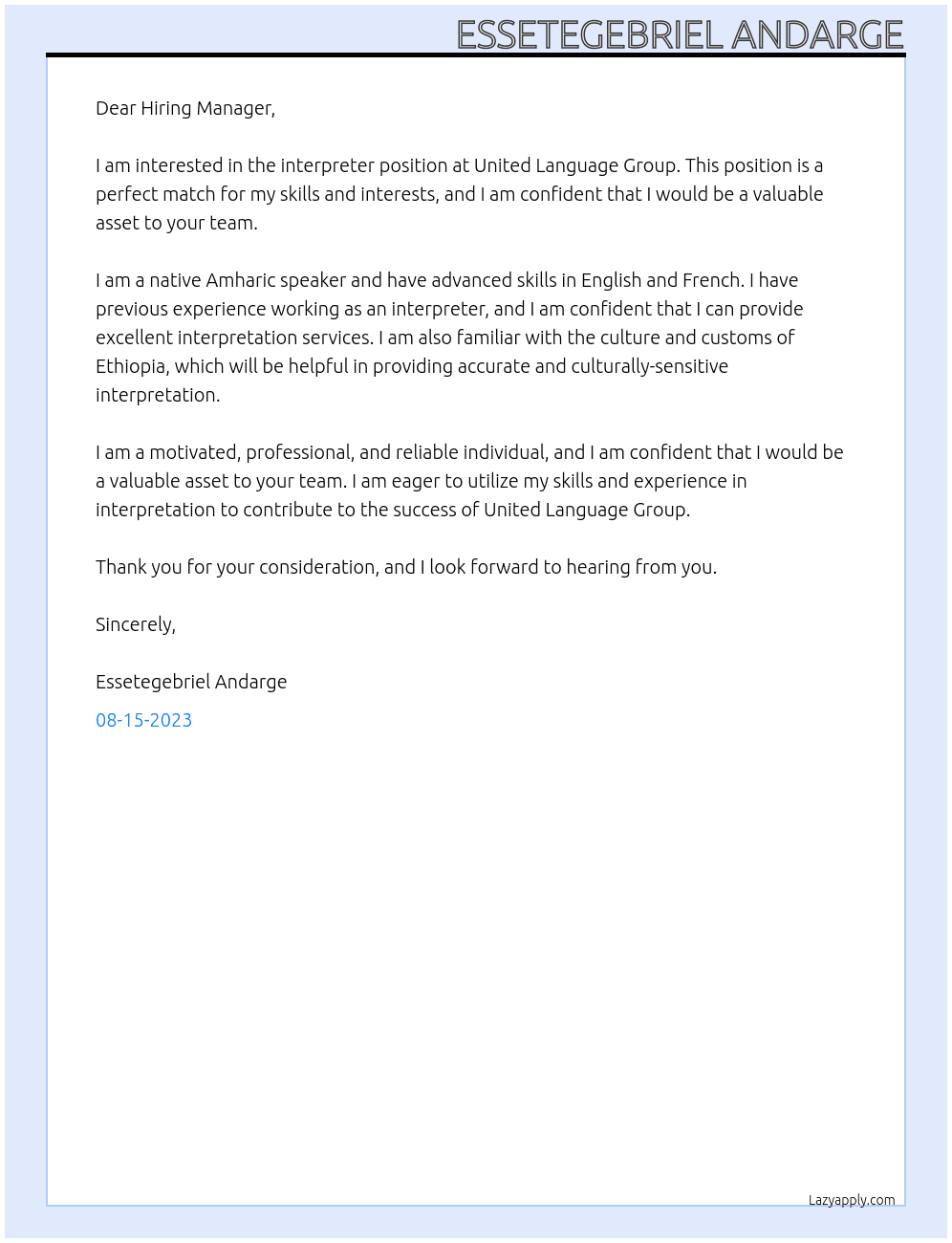 Interpreter At United language group Cover Letter